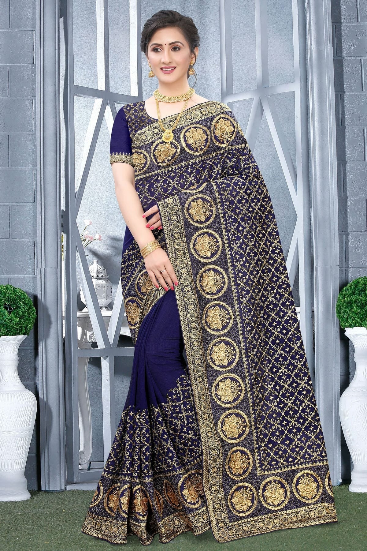 Navy Blue Colour Vichitra Bloming Silk Designer Saree SD1091067