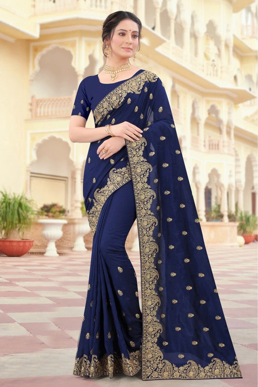 Navy Blue Colour Vichitra Silk Embroidery Saree SD1090424