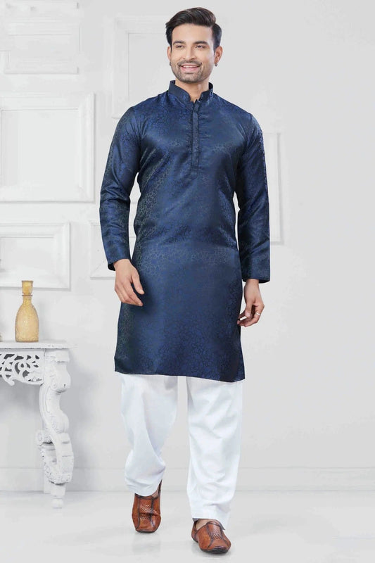 Navy Blue Colour Woven Jacquard Silk Kurta Pajama KP1113447