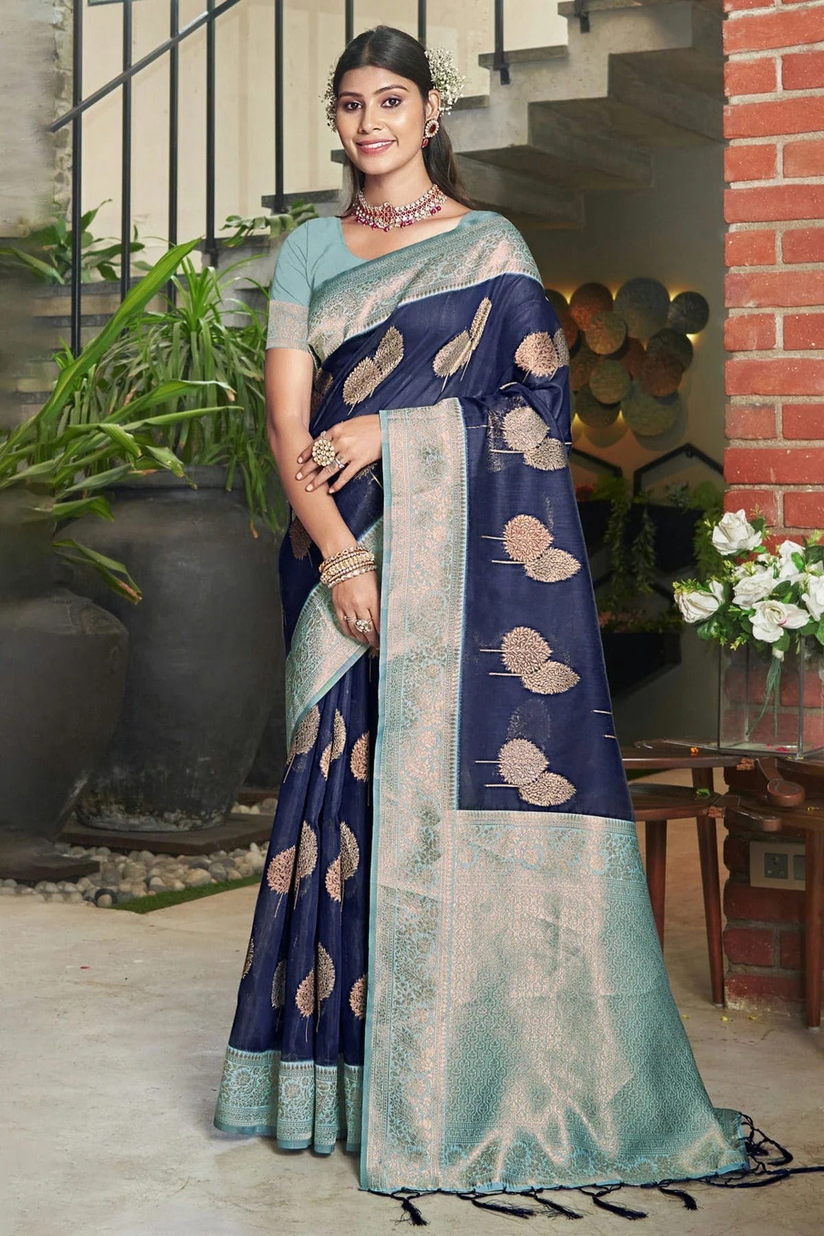 Navy Blue Colour Woven Work Cotton Saree SD1101563
