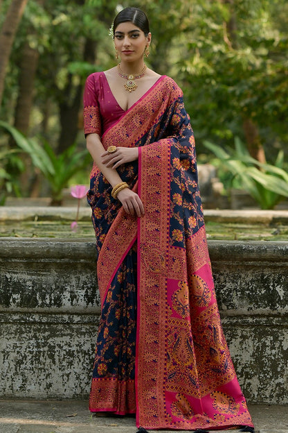 Navy Blue Colour Woven Work Pashmina Silk Saree SD1260029