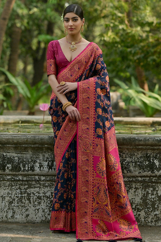 Navy Blue Colour Woven Work Pashmina Silk Saree SD1260029