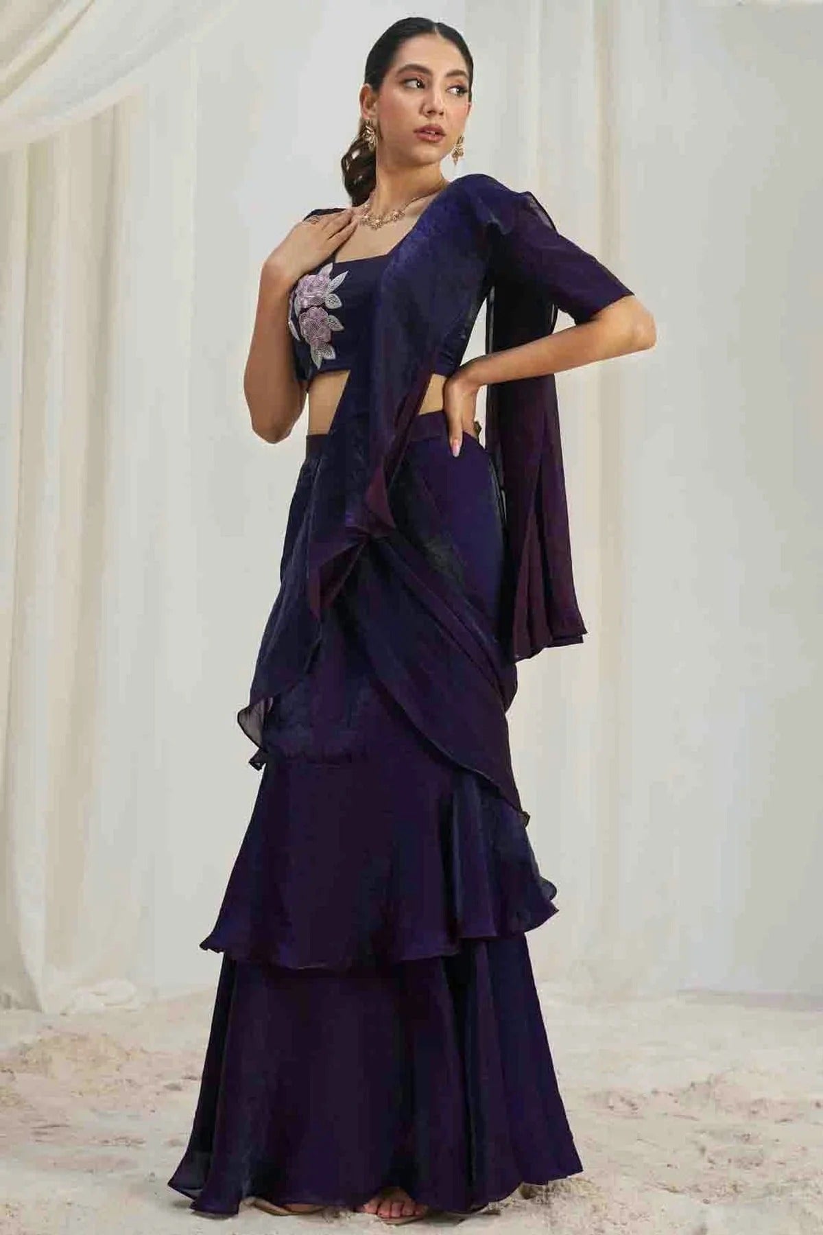 Navy Blue Organza Hand Work Ready To Wear Saree SD1080974 A