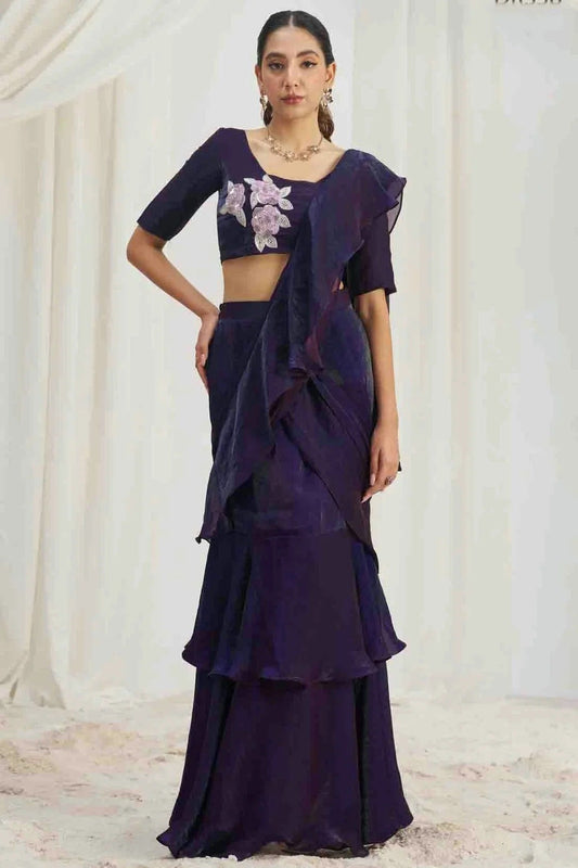 Navy Blue Organza Hand Work Ready To Wear Saree SD1080974