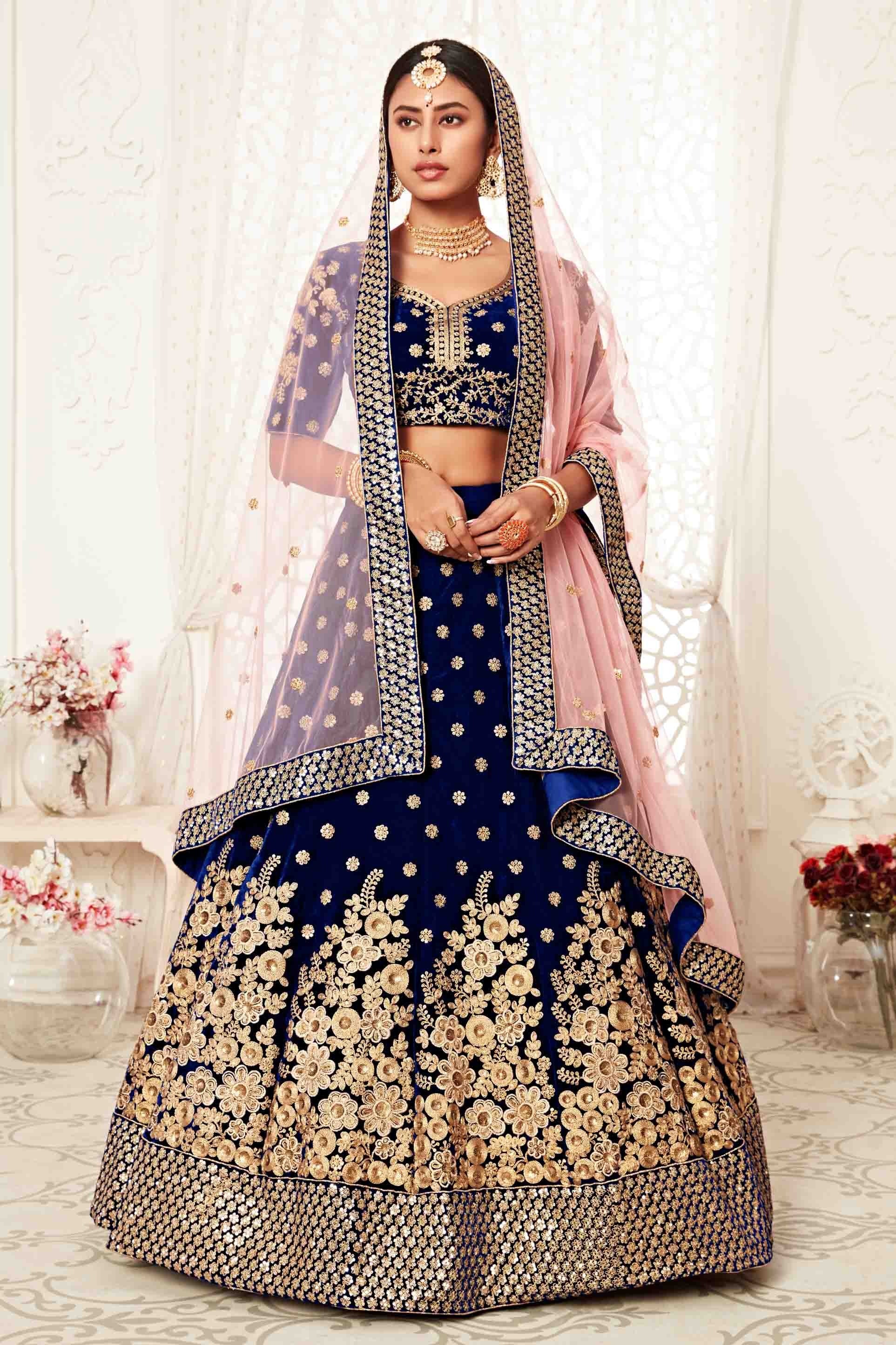 Navy Blue Velvet Designer Lehenga Choli LC1010149