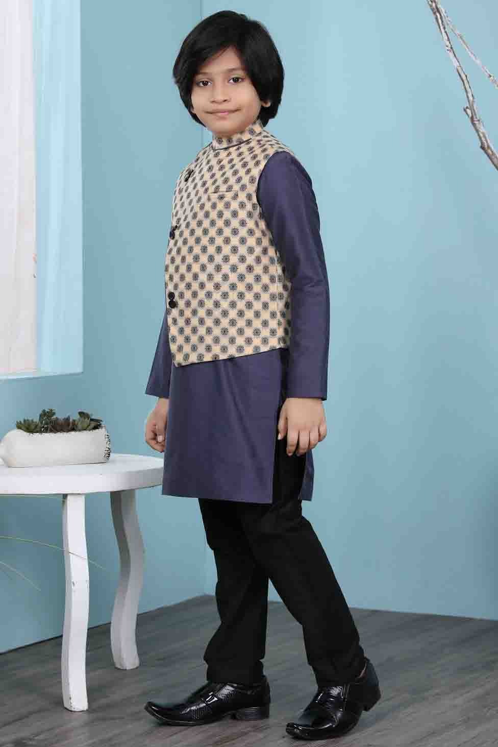 Navy Blue and Beige Colour Cotton Silk Kurta Pajama With Jacket BW1070112 A