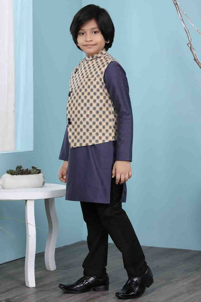 Navy Blue and Beige Colour Cotton Silk Kurta Pajama With Jacket BW1070112 A