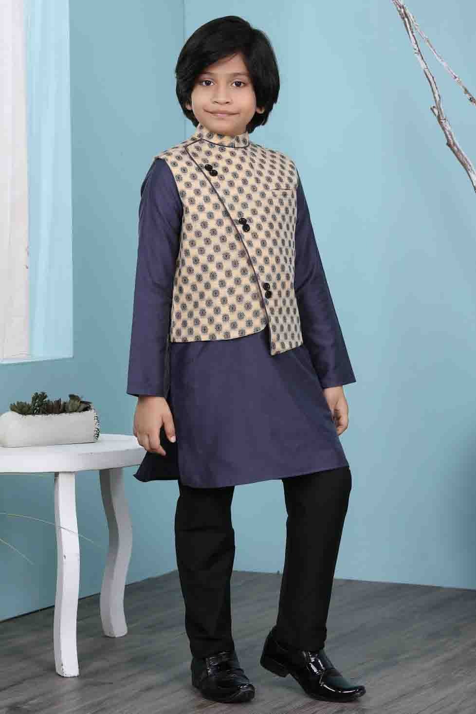 Navy Blue and Beige Colour Cotton Silk Kurta Pajama With Jacket BW1070112 B