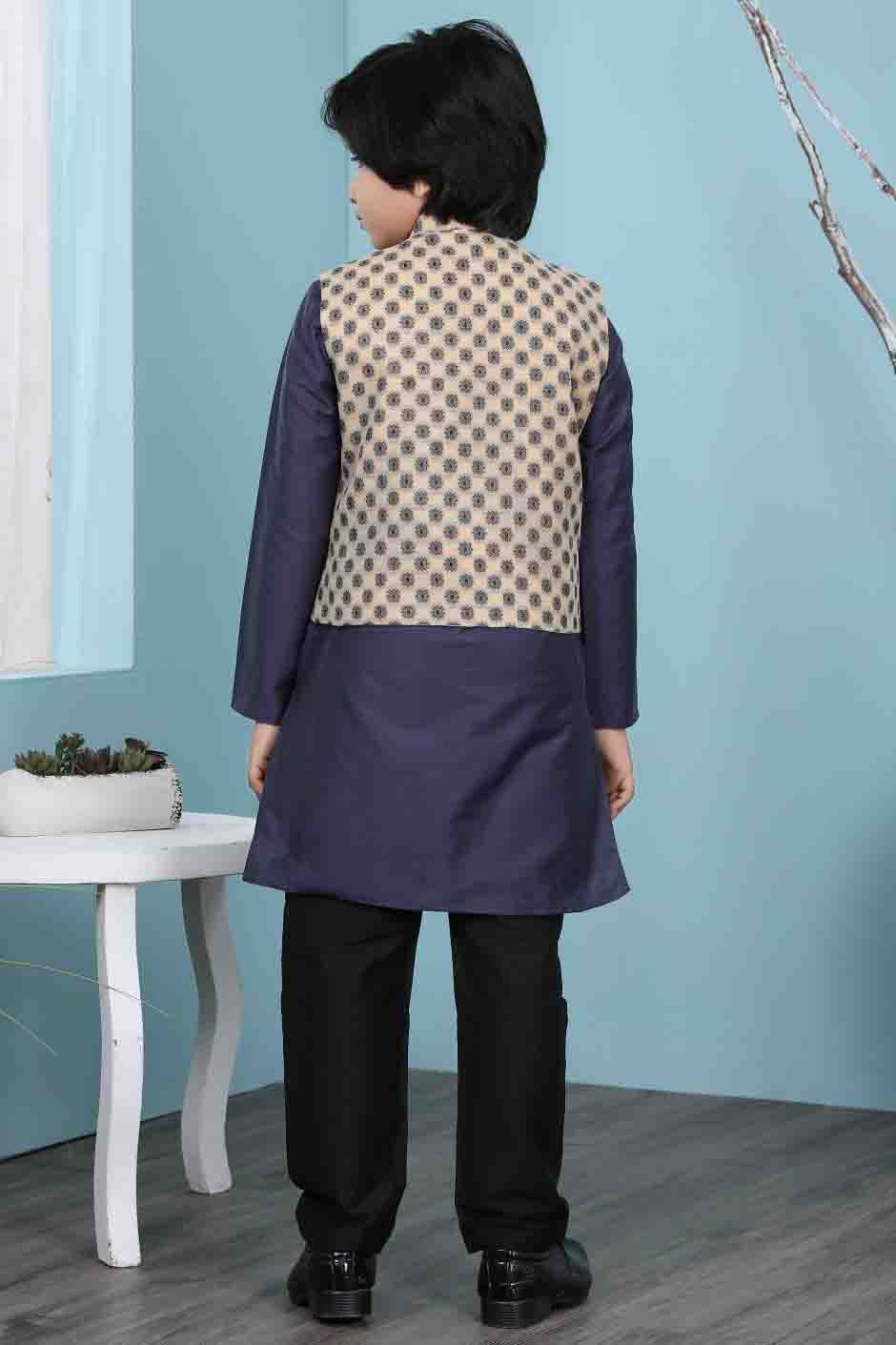 Navy Blue and Beige Colour Cotton Silk Kurta Pajama With Jacket BW1070112 C