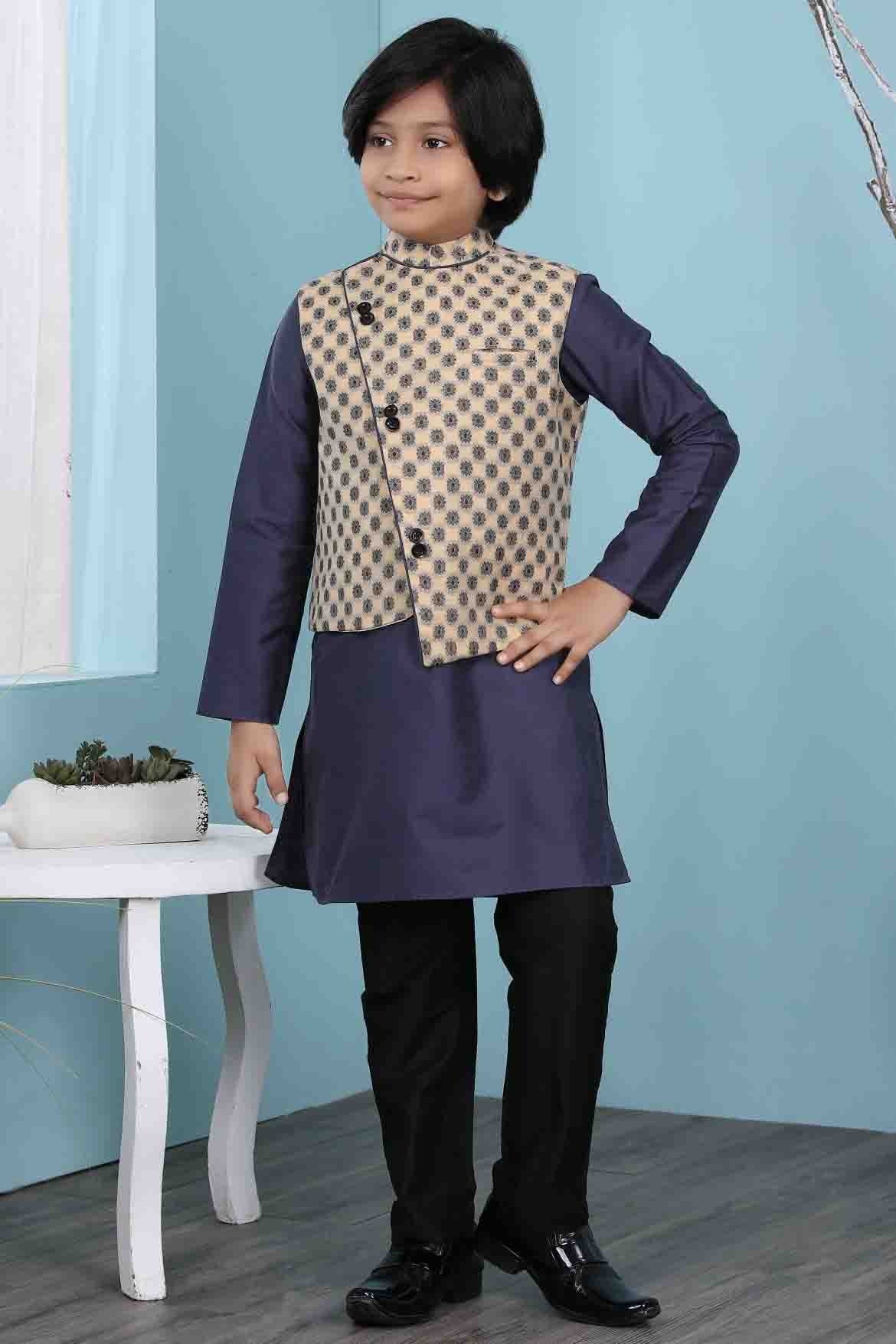 Navy Blue and Beige Colour Cotton Silk Kurta Pajama With Jacket BW1070112