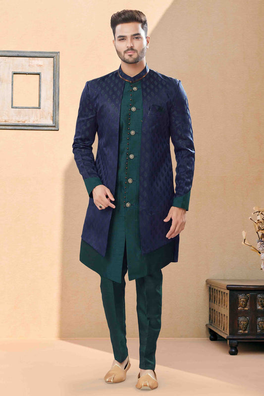 Navy Blue and Green Colour Indo Western In Banarasi Jacquard Fabric SH1040428