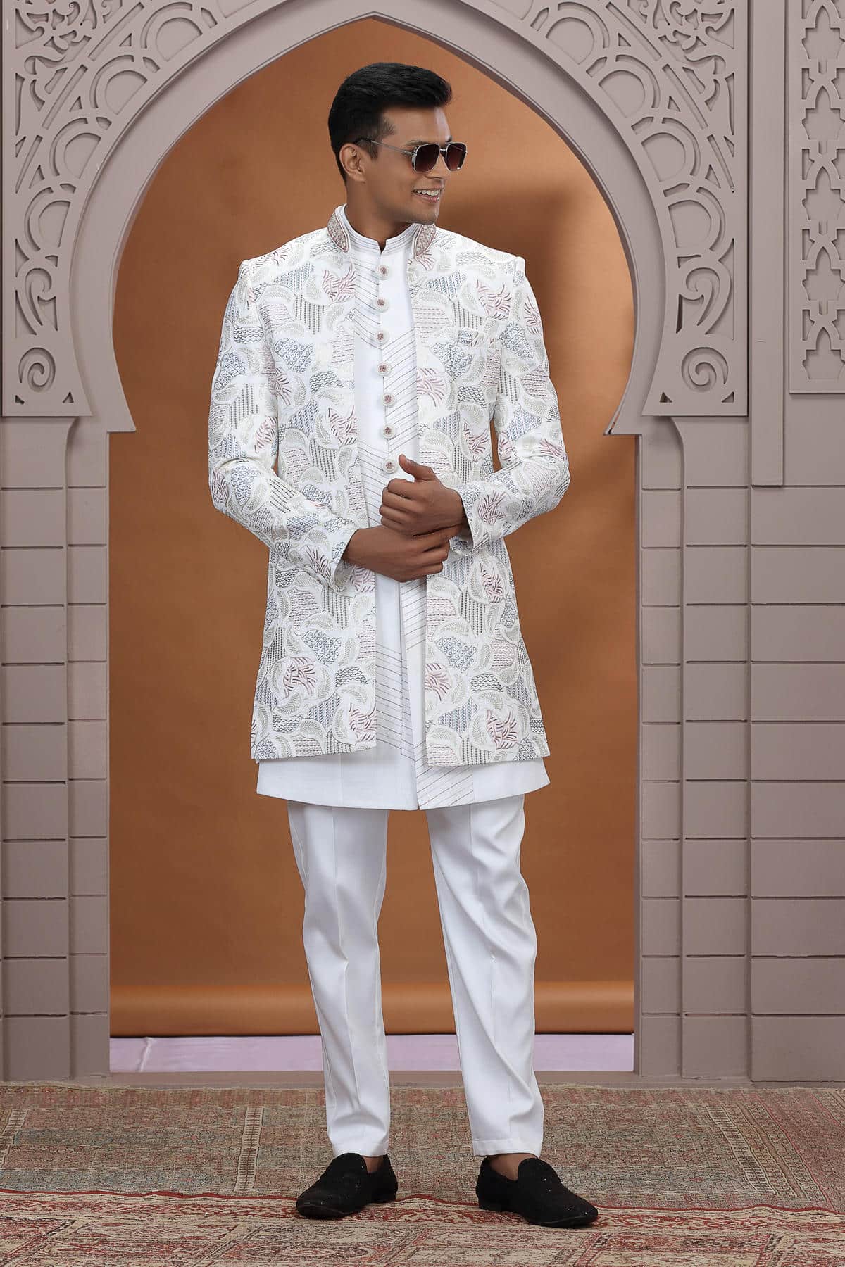 Off White Colour Art Silk Embroidery 3 Pcs Indo Western