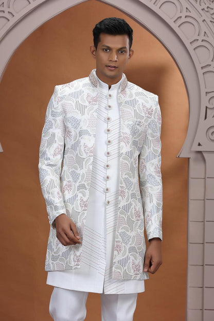 Off White Colour Art Silk Embroidery 3 Pcs Indo Western