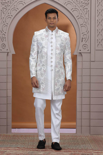 Off White Colour Art Silk Embroidery 3 Pcs Indo Western