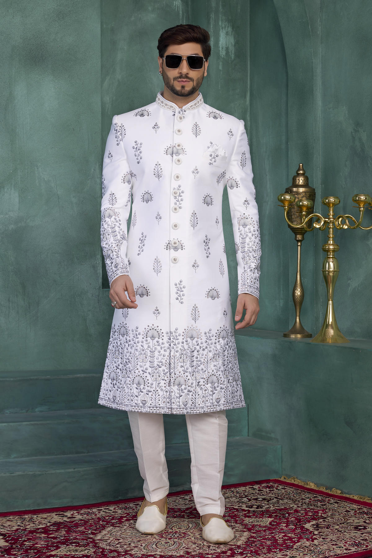 Off White Colour Art Silk Embroidery Work Sherwani