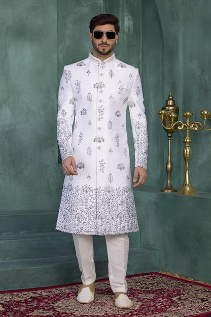 Off White Colour Art Silk Embroidery Work Sherwani