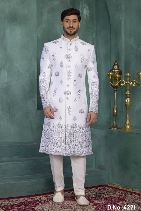 Off White Colour Art Silk Embroidery Work Sherwani