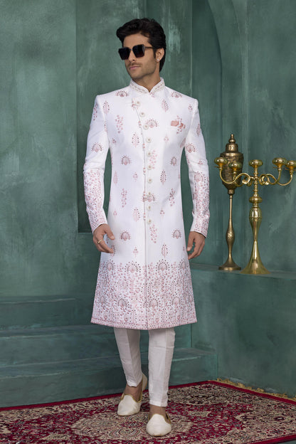 Off White Colour Art Silk Embroidery Work Sherwani