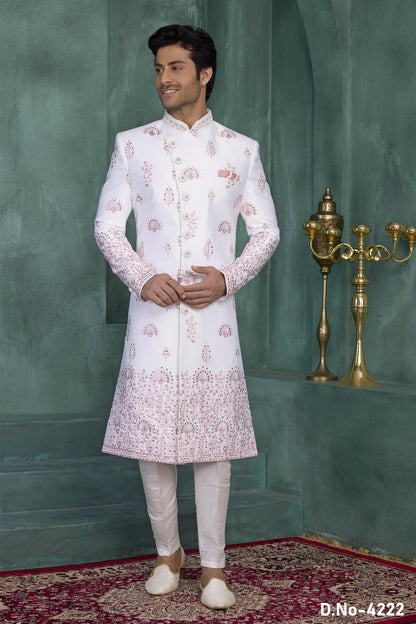Off White Colour Art Silk Embroidery Work Sherwani