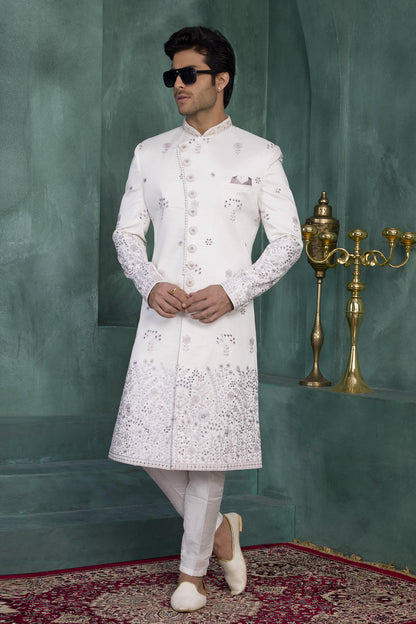 Off White Colour Art Silk Embroidery Work Sherwani