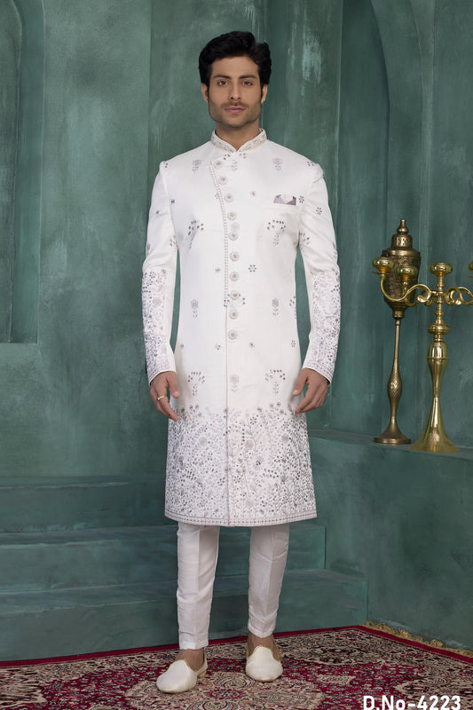 Off White Colour Art Silk Embroidery Work Sherwani