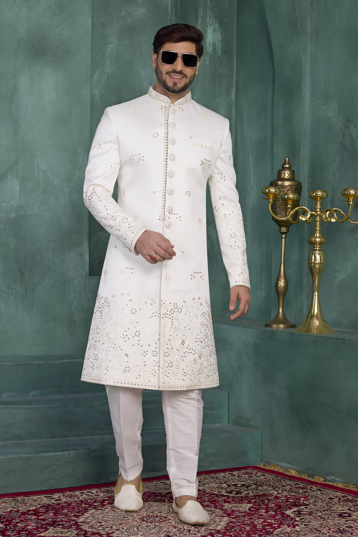Off White Colour Art Silk Embroidery Work Sherwani