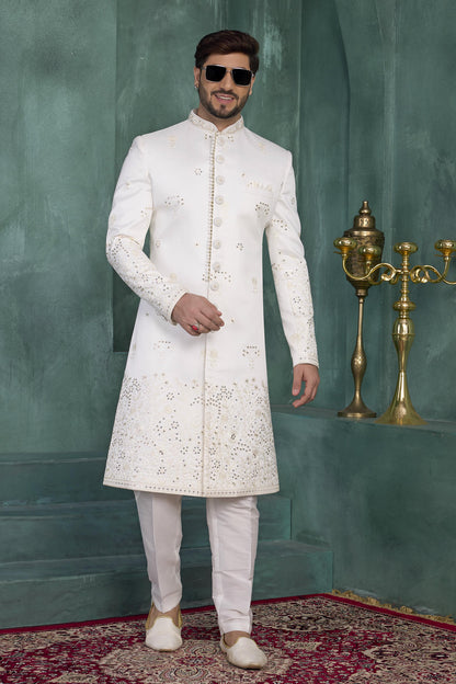 Off White Colour Art Silk Embroidery Work Sherwani