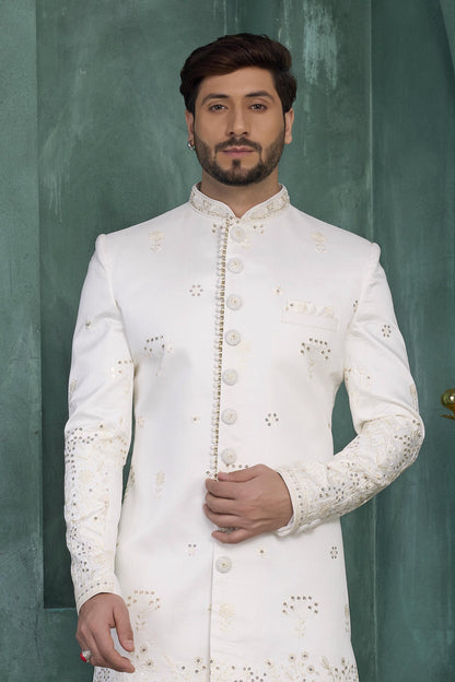 Off White Colour Art Silk Embroidery Work Sherwani