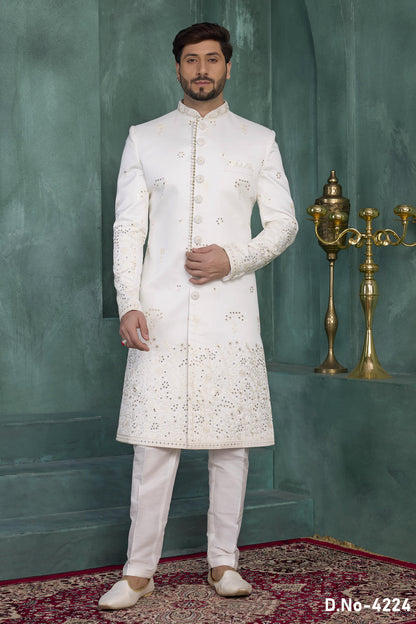 Off White Colour Art Silk Embroidery Work Sherwani