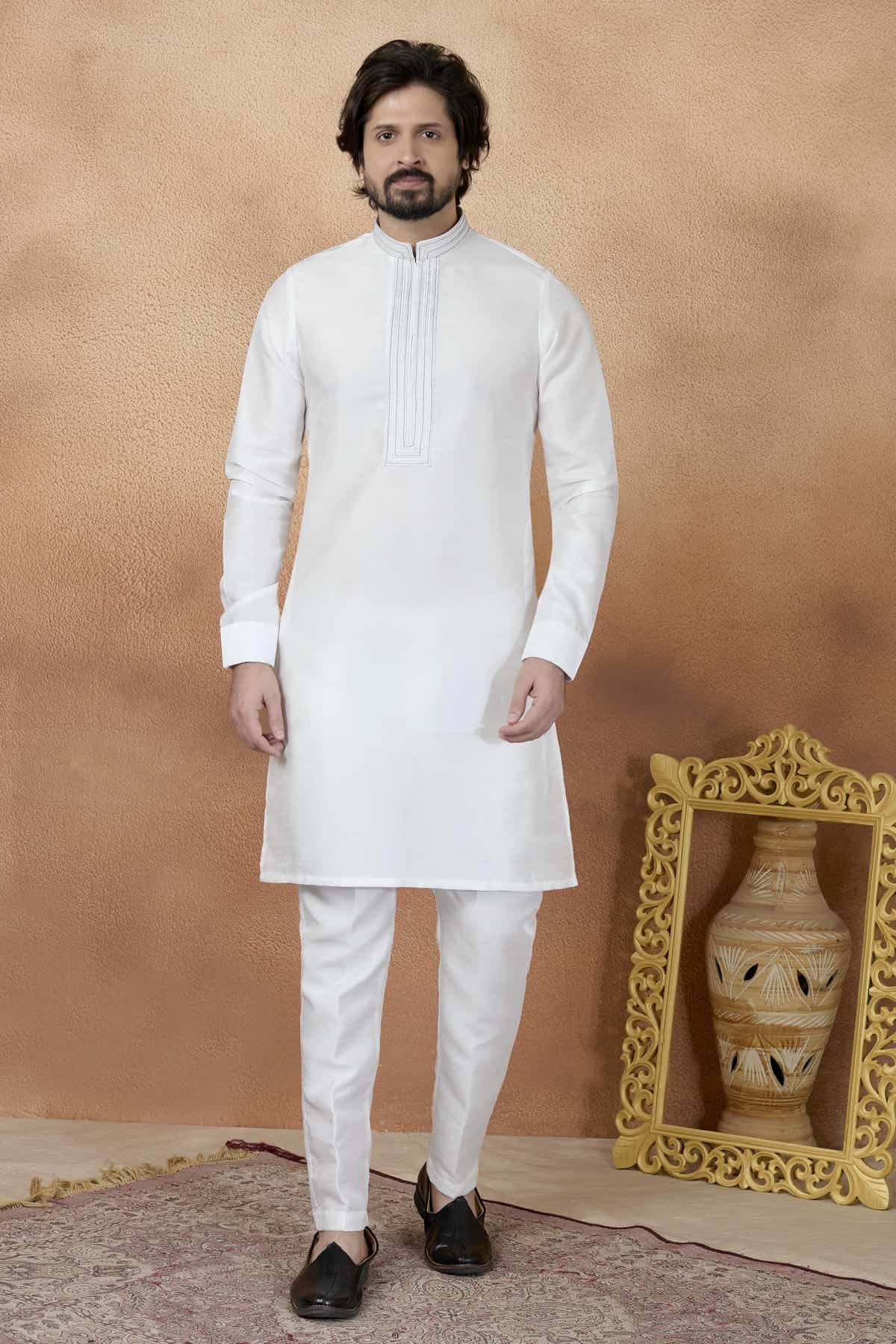 Off White Colour Art Silk Pintux Work Kurta Pajama