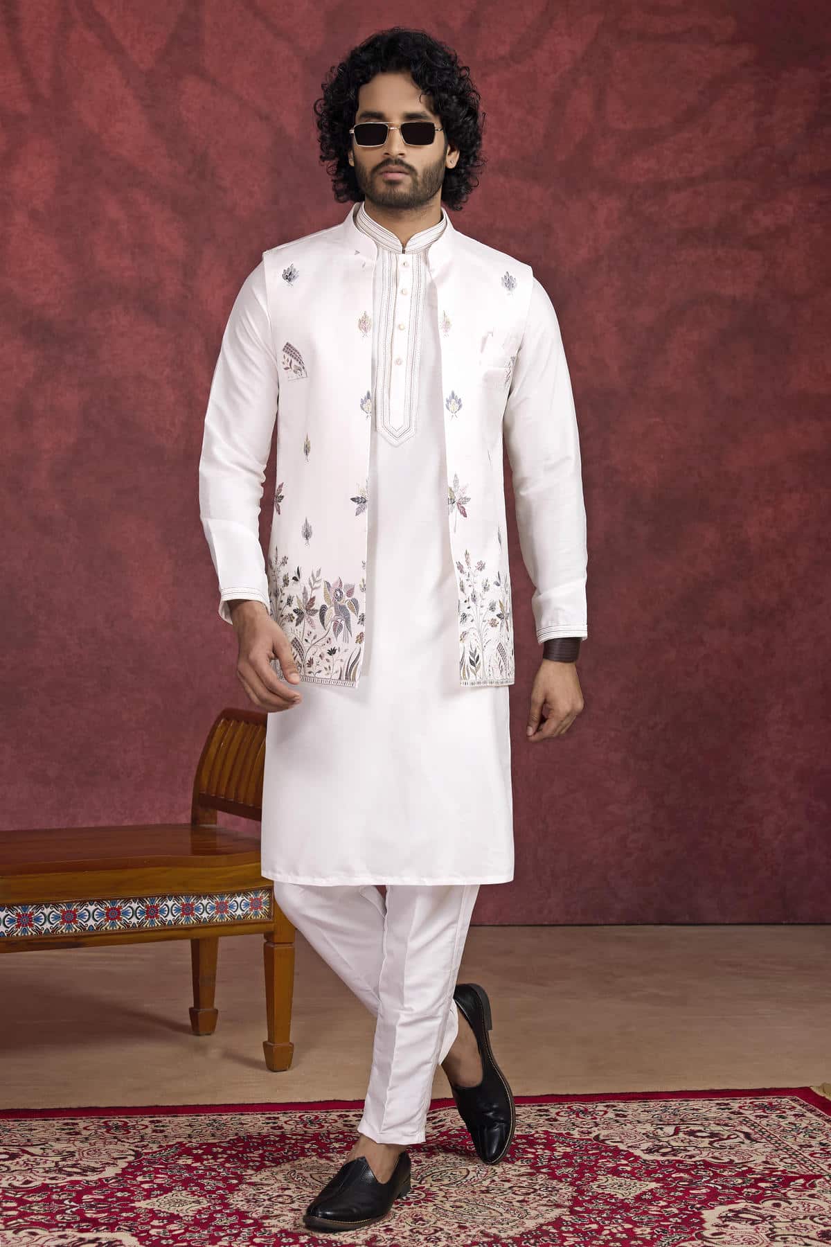 Off White Colour Art Silk Pintux Work Kurta Pajama With Jacket
