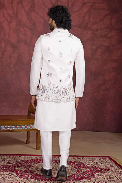 Off White Colour Art Silk Pintux Work Kurta Pajama With Jacket