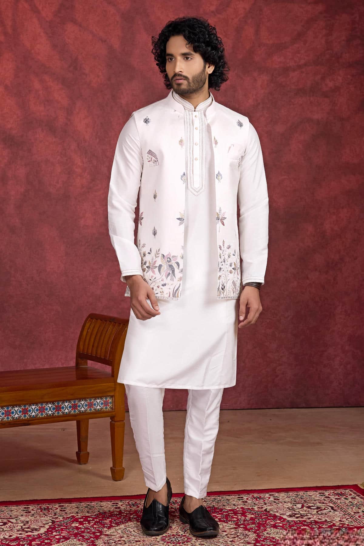 Off White Colour Art Silk Pintux Work Kurta Pajama With Jacket