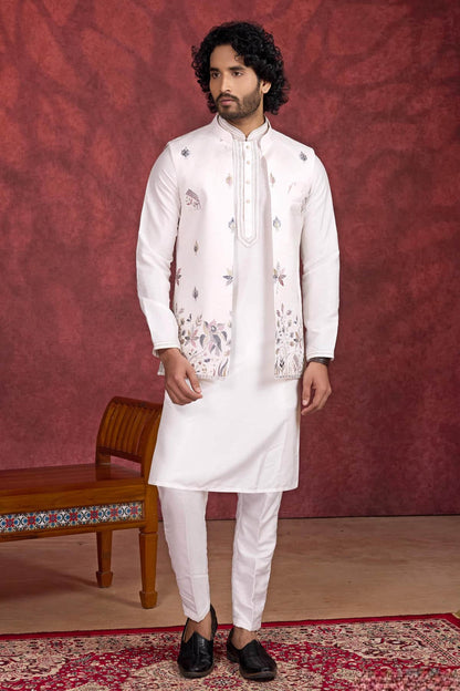 Off White Colour Art Silk Pintux Work Kurta Pajama With Jacket