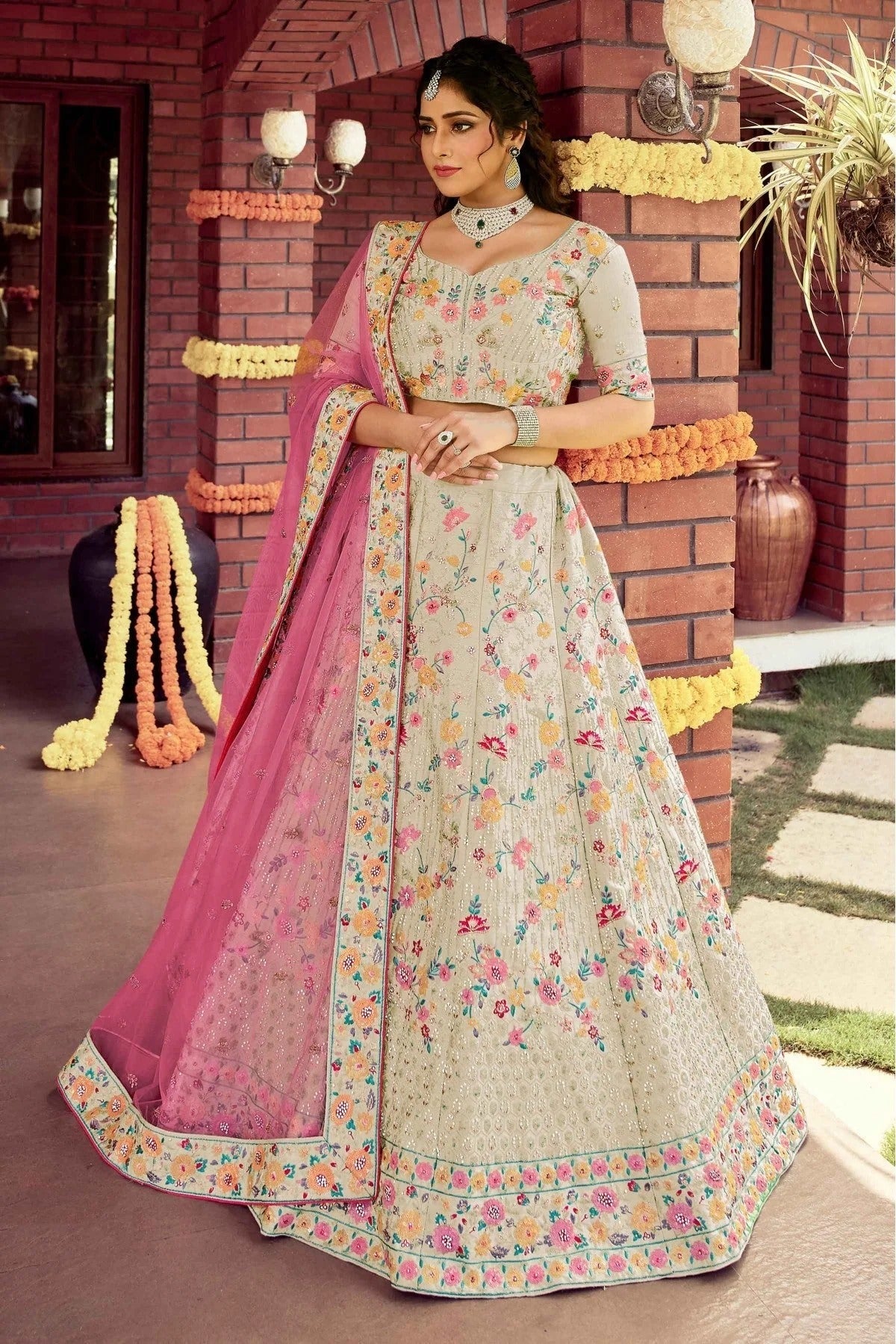 Off White Colour Art Silk Resham Work Lehenga Choli LC1080123