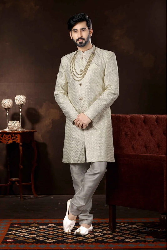 Off White Colour Art Silk Sherwani SH1040357