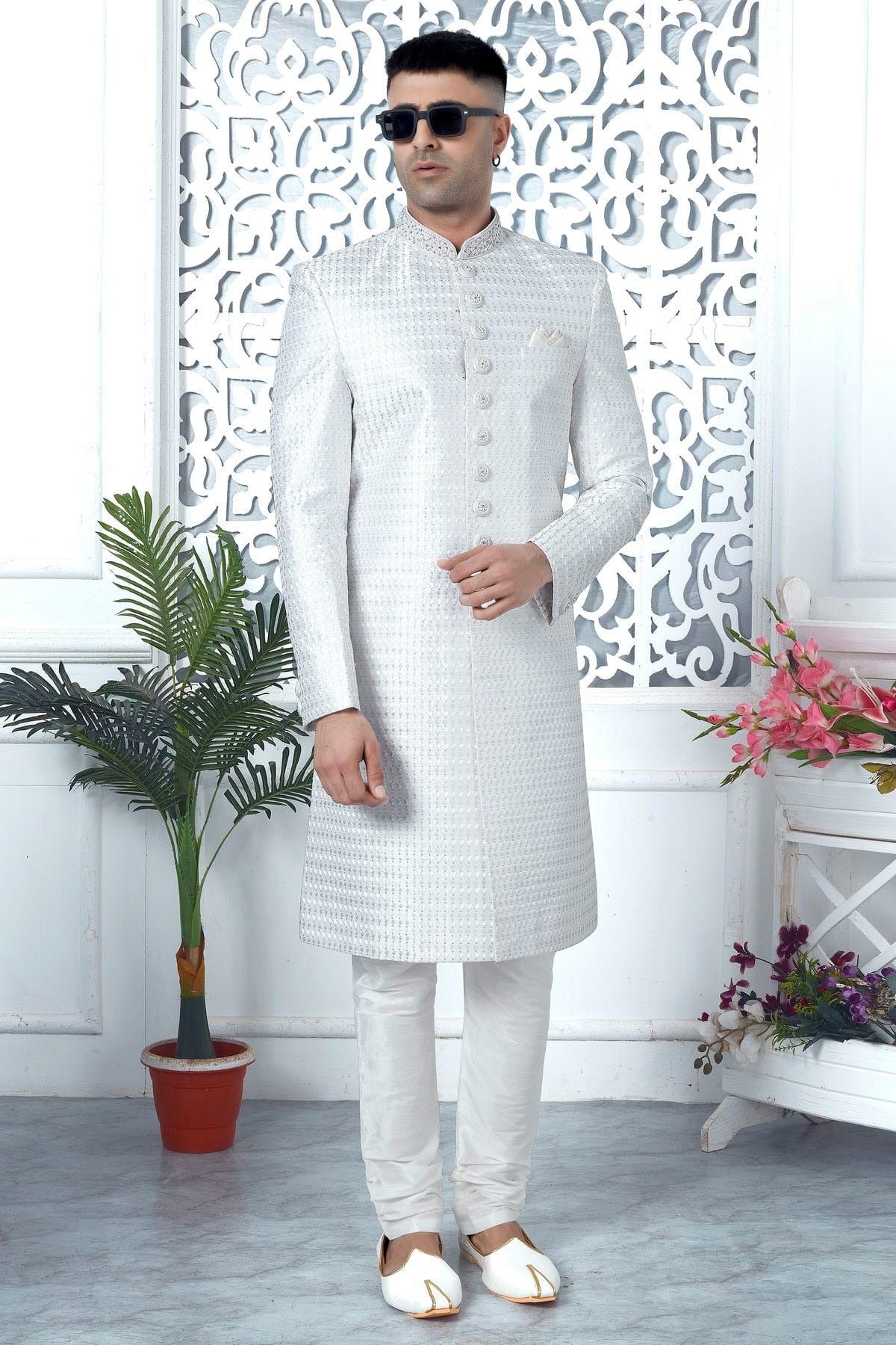 Off White Colour Art Silk Sherwani With Churidar Pant SH1230063 A