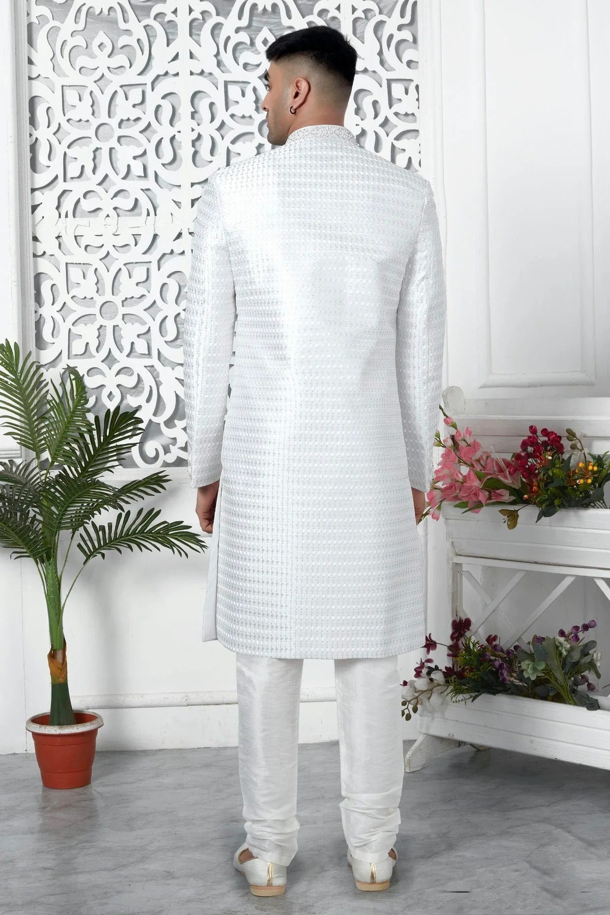 Off White Colour Art Silk Sherwani With Churidar Pant SH1230063 B