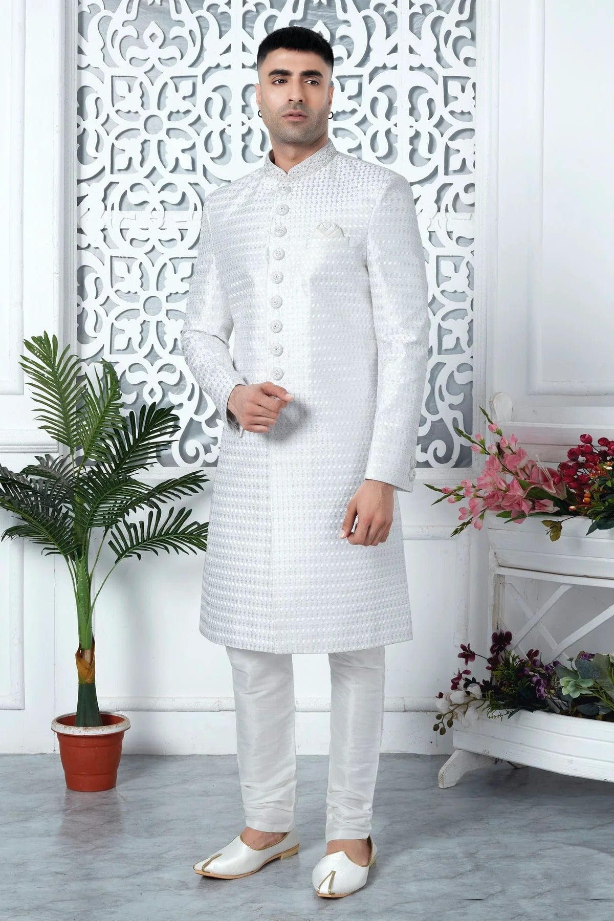 Off White Colour Art Silk Sherwani With Churidar Pant SH1230063