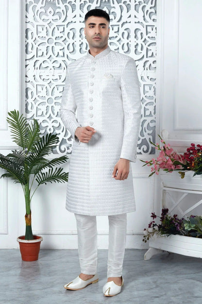 Off White Colour Art Silk Sherwani With Churidar Pant SH1230063