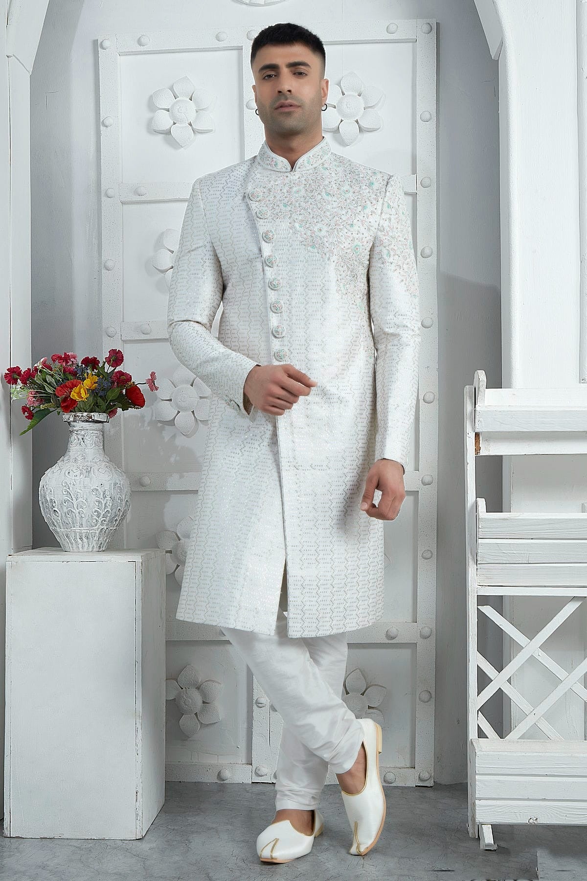Off White Colour Art Silk Sherwani With Churidar Pant SH1230072