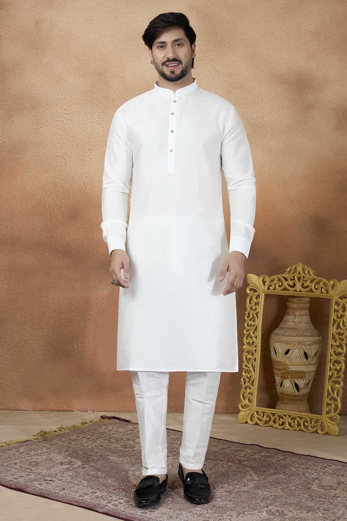 Off White Colour Art Silk Solid Kurta Pajama