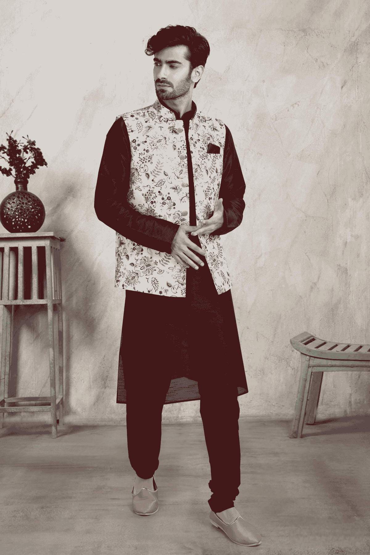 Off White Colour Banarasi Silk Digital Printed Kurta Pajama With Jacket