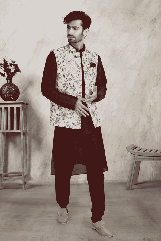 Off White Colour Banarasi Silk Digital Printed Kurta Pajama With Jacket