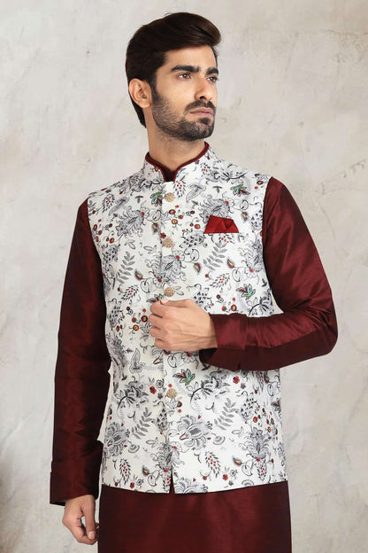 Off White Colour Banarasi Silk Digital Printed Kurta Pajama With Jacket