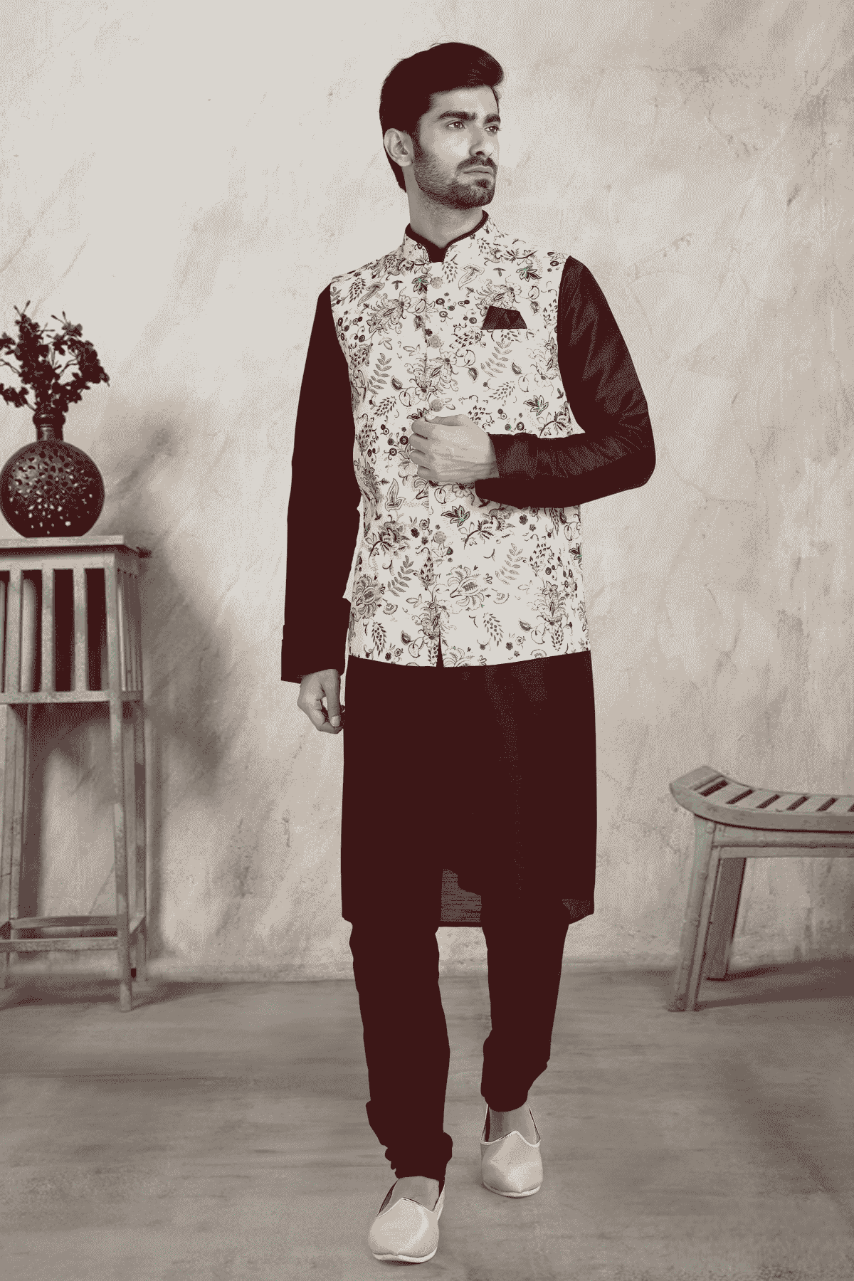 Off White Colour Banarasi Silk Digital Printed Kurta Pajama With Jacket