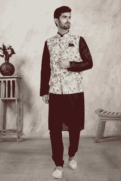 Off White Colour Banarasi Silk Digital Printed Kurta Pajama With Jacket