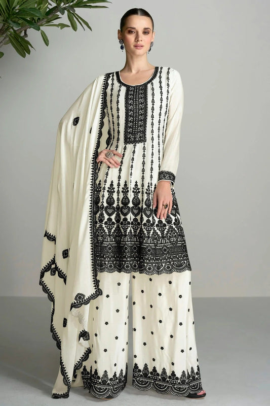 Off White Colour Blomming Chinon Palazzo Pant Suit SM1140068