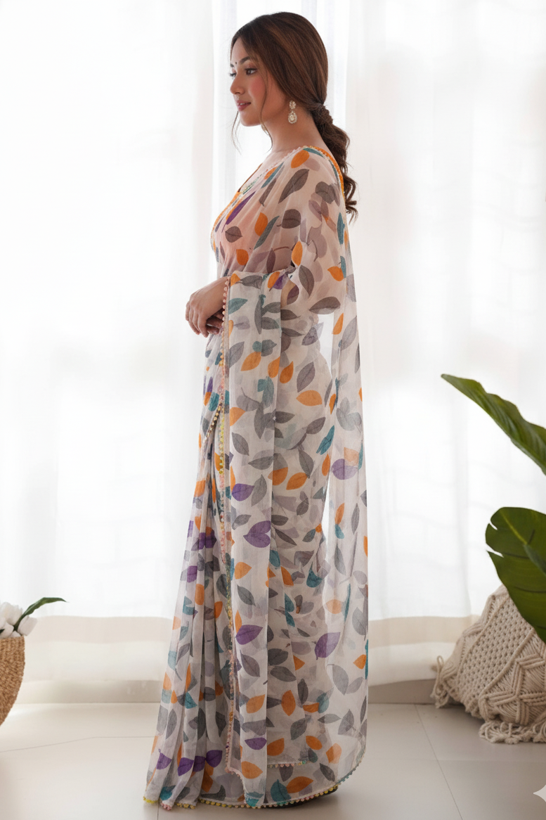 Off White Colour Chiffon Printed Saree