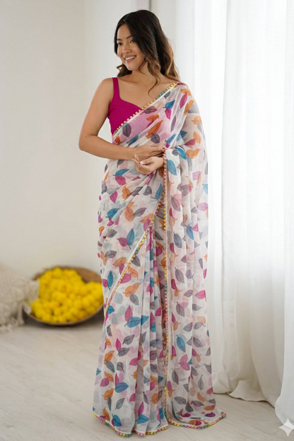 Off White Colour Chiffon Printed Saree